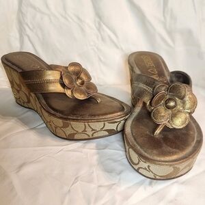 Coach Designer Metallic Bronze Poppy Harley Sandal Wedge Heels W/Flower Accent